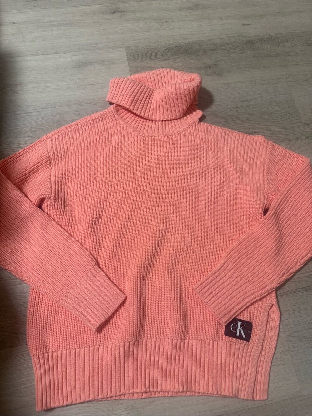 Calvin Klein Salmon Pink Cable Knit Turtleneck Sweater Open Shoulder Womens Sz M